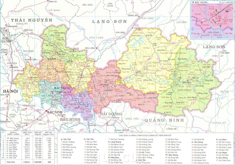 Bản đồ hành chính tỉnh Bắc Giang năm 2022