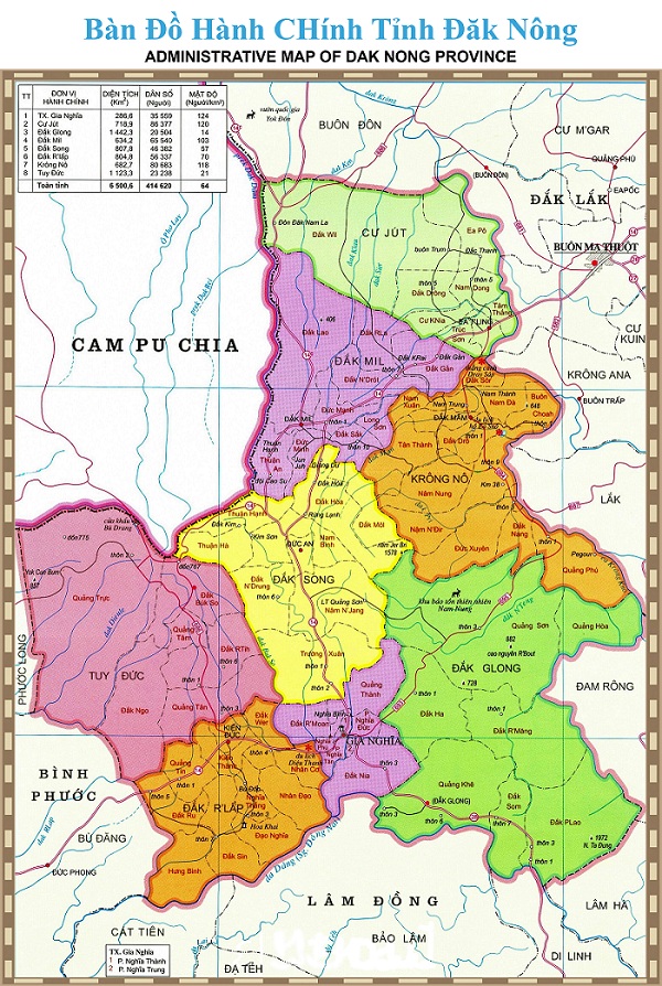 Bản đồ Hành Chính tỉnh Đắk Nông khổ lớn năm 2022