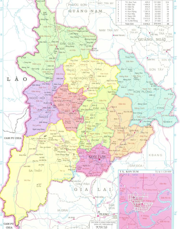 Bản đồ hành chính tỉnh Kon Tum khổ lớn năm 2022