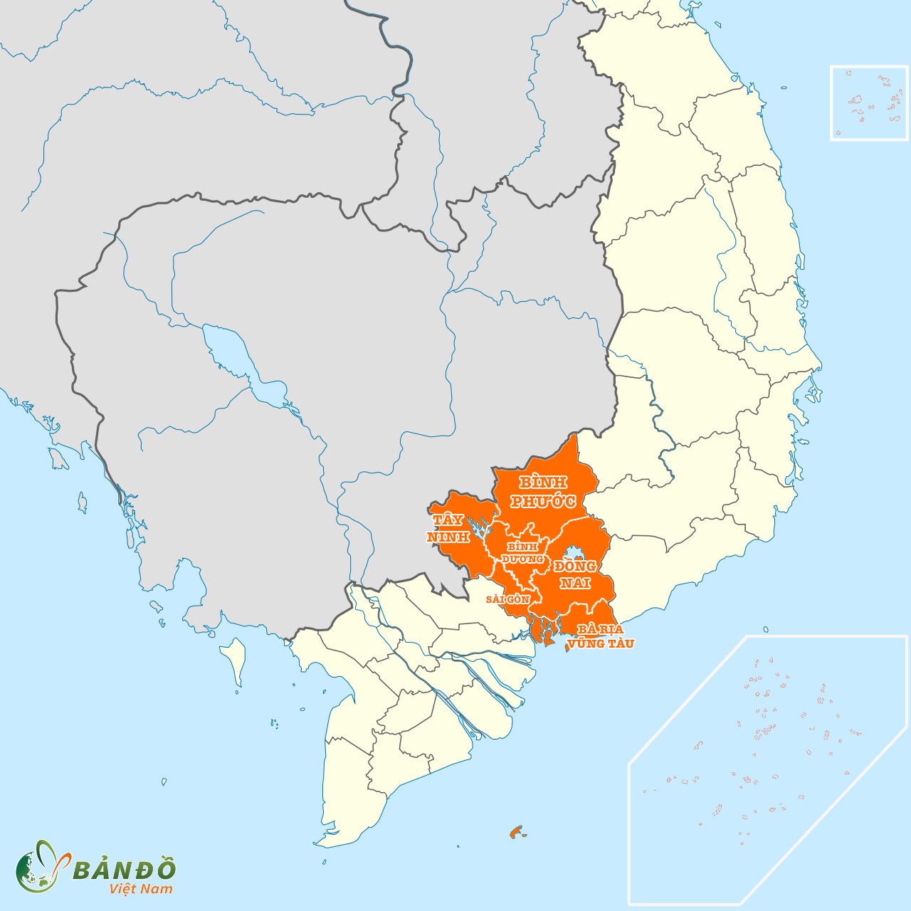 Vị trí vùng Đông Nam Bộ ở trên Bản đồ Việt Nam