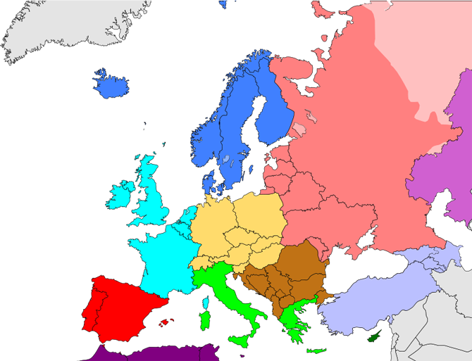 Châu Âu được chia làm 4 khu vực. Bao gồm: Bắc Âu, Nam Âu, Tây Âu, Đông Âu.