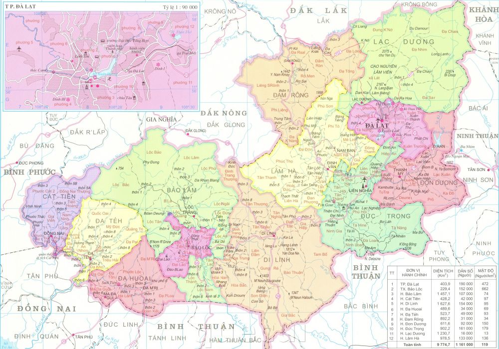 Bản đồ hành chính các xã, huyện và thành phố trên địa bàn tỉnh Lâm Đồng năm 2022