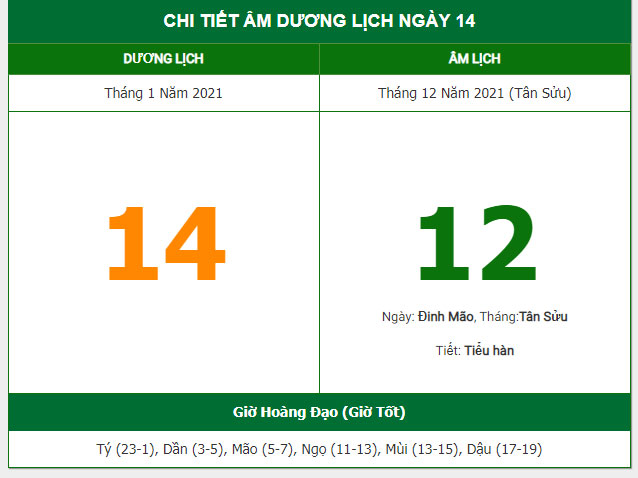 Xem lịch ngày 14/1/2022.