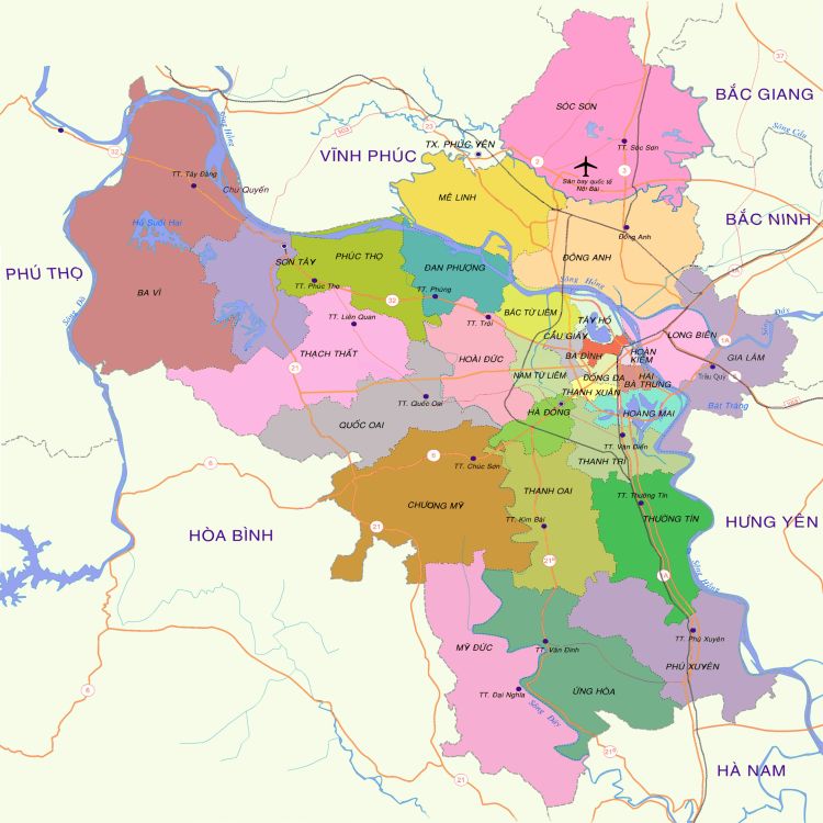 Bản đồ các Quận, Thị xã, huyện tại thành phố Hà Nội năm 2022
