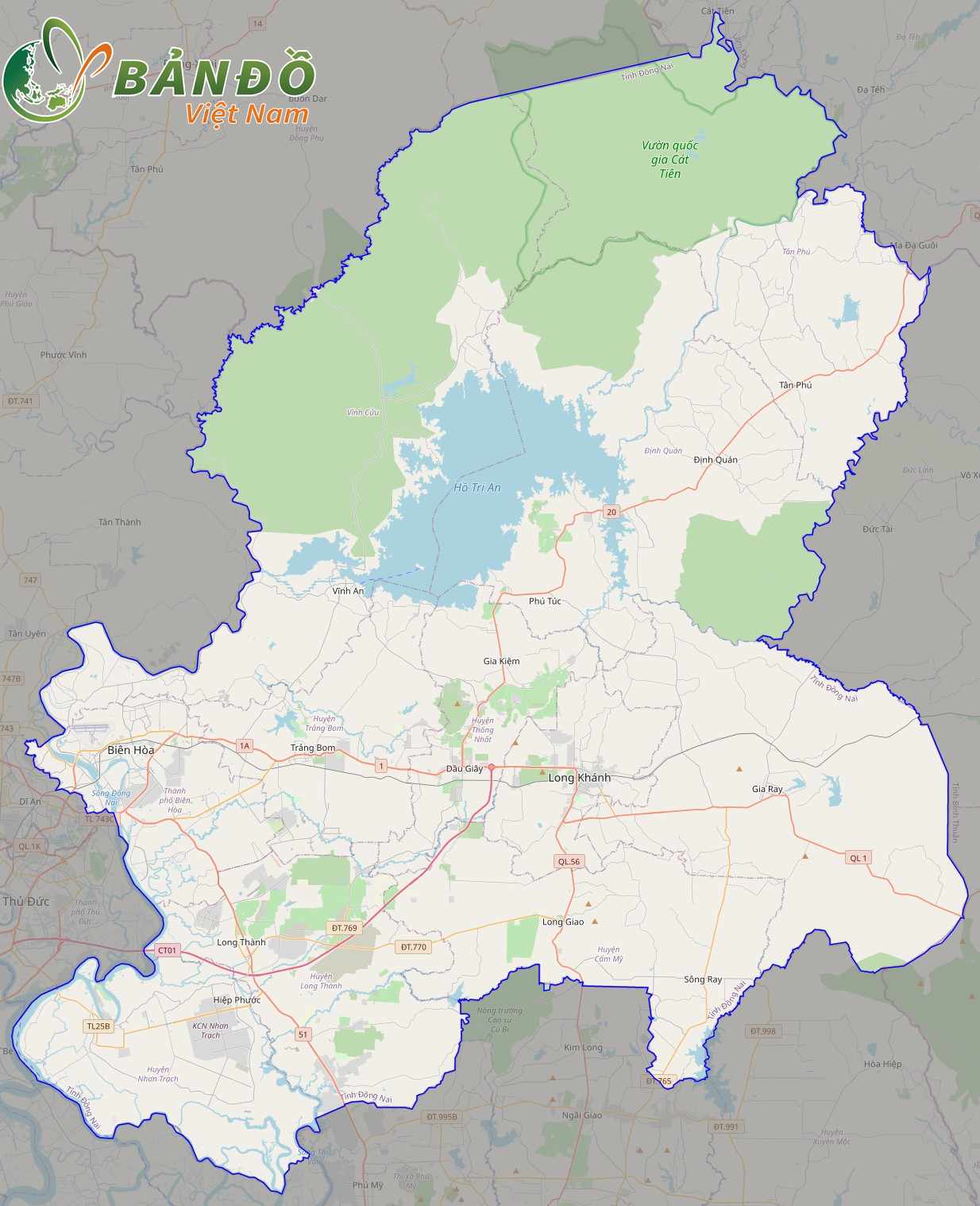 Bản đồ tỉnh Đồng Nai ở trên nền tảng Open Street Map