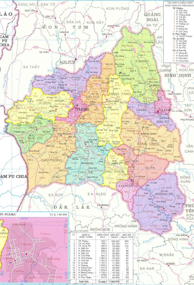Bản đồ hành chỉnh các xã, huyện, thành phố tại tỉnh Gia Lai