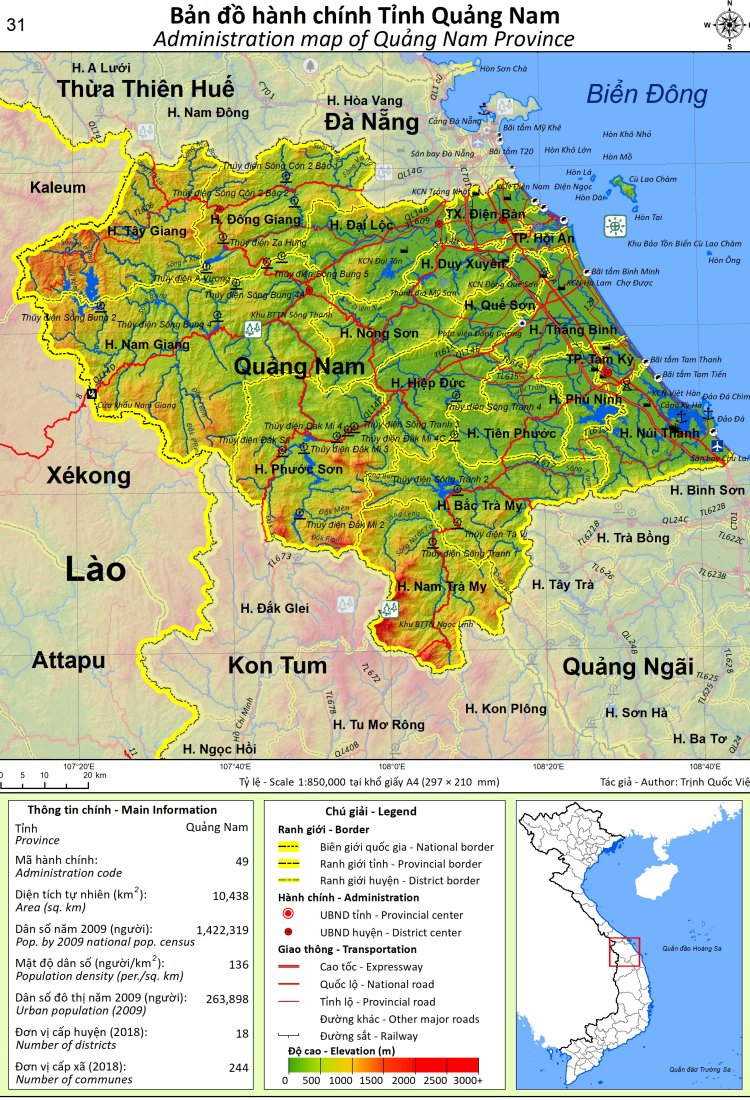 Bản đồ hành chính tỉnh Quang Nam (Có chú thích)