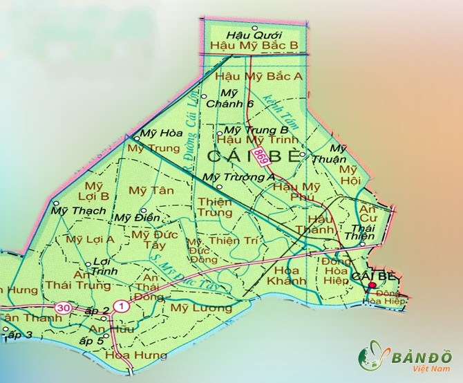 Bản đồ các xã và thị trấn tại Huyện Cái Bè