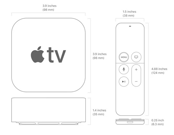 Kích thước của Apple TV và điều khiển