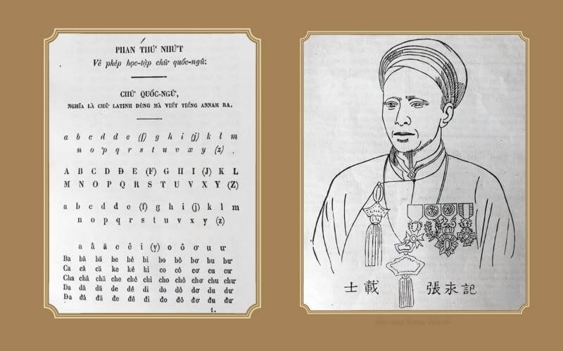Trương Vĩnh Ký và một trang sách giáo khoa của ông. (Ảnh: Tuoitre.online)