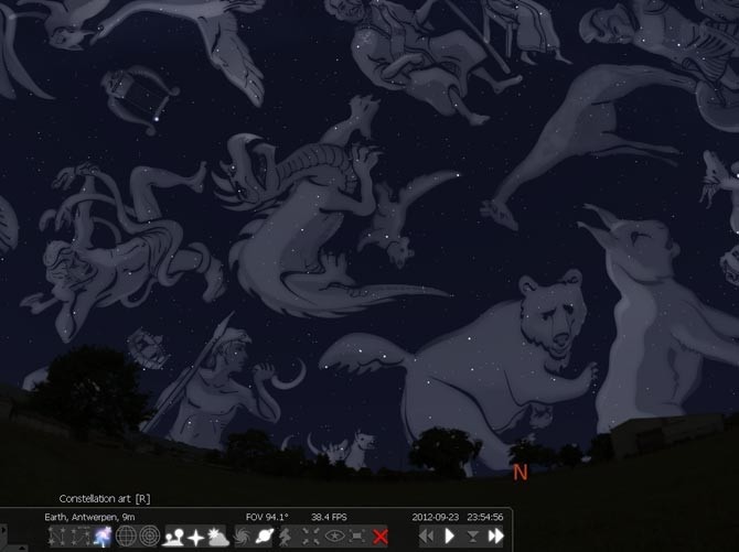 Hình ảnh nghệ thuật của các chòm sao khi bật chế độ Constellation trên Stellarium
